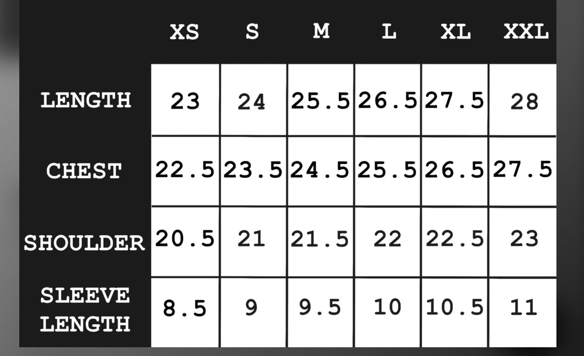 S!NNERS TEE size chart