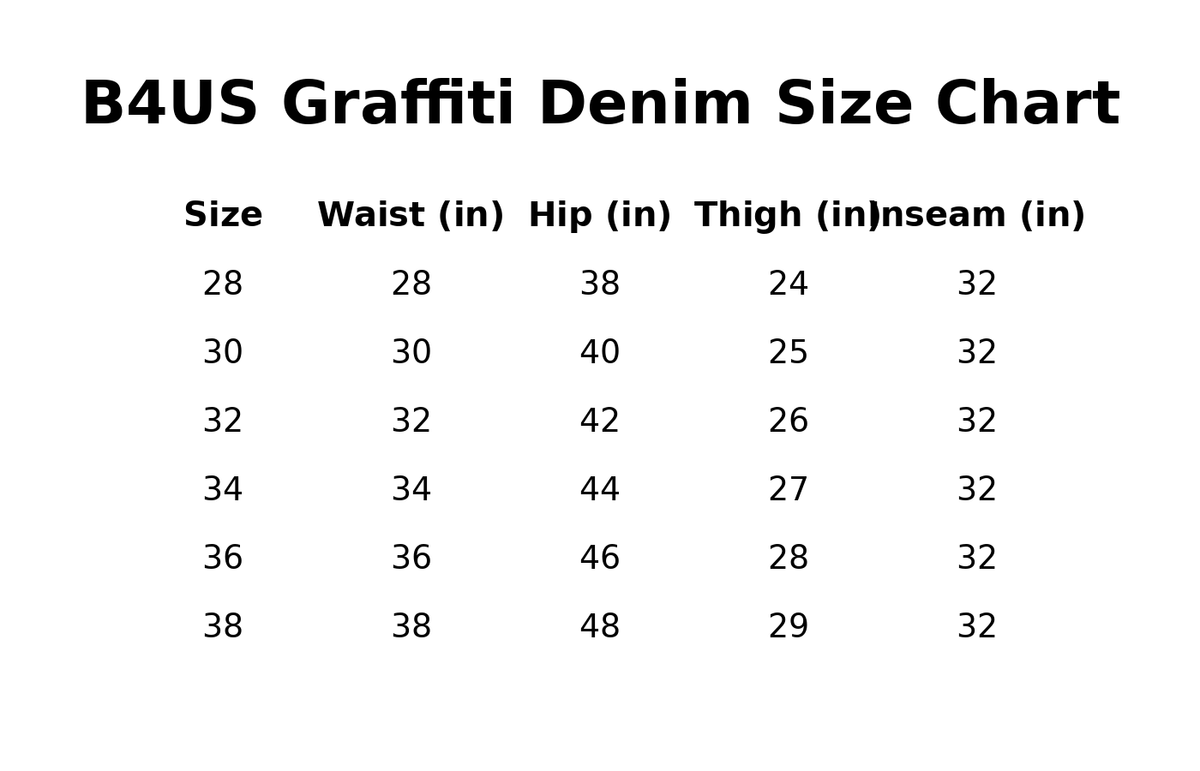 B4 Graffiti Denim size chart